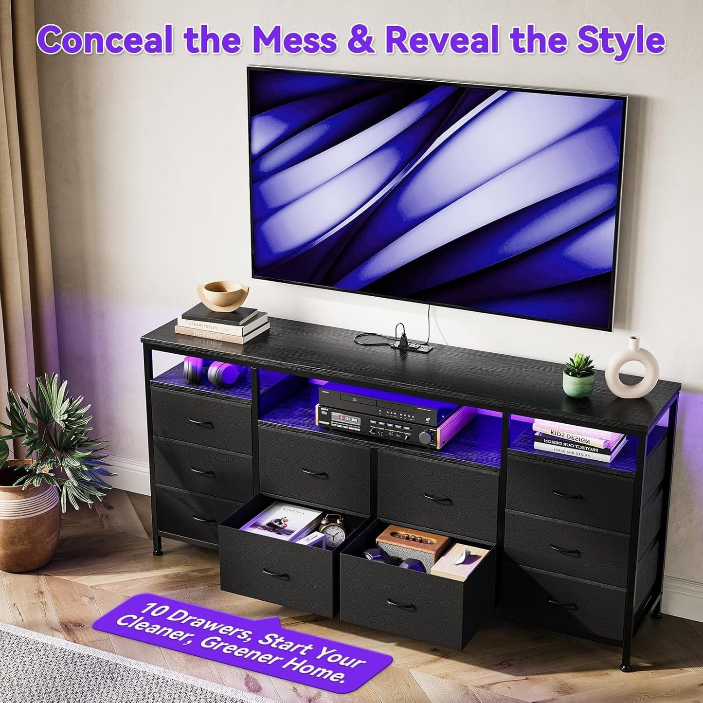 63 Inches Black Dresser TV Stand Entertainment Center