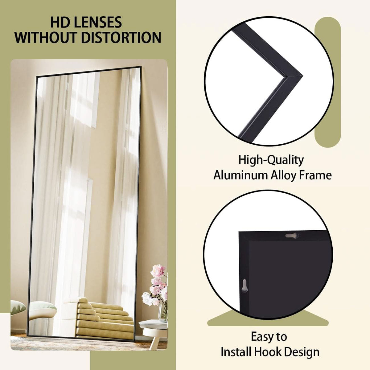 Standing Full Length Mirror Black Aluminum Framing