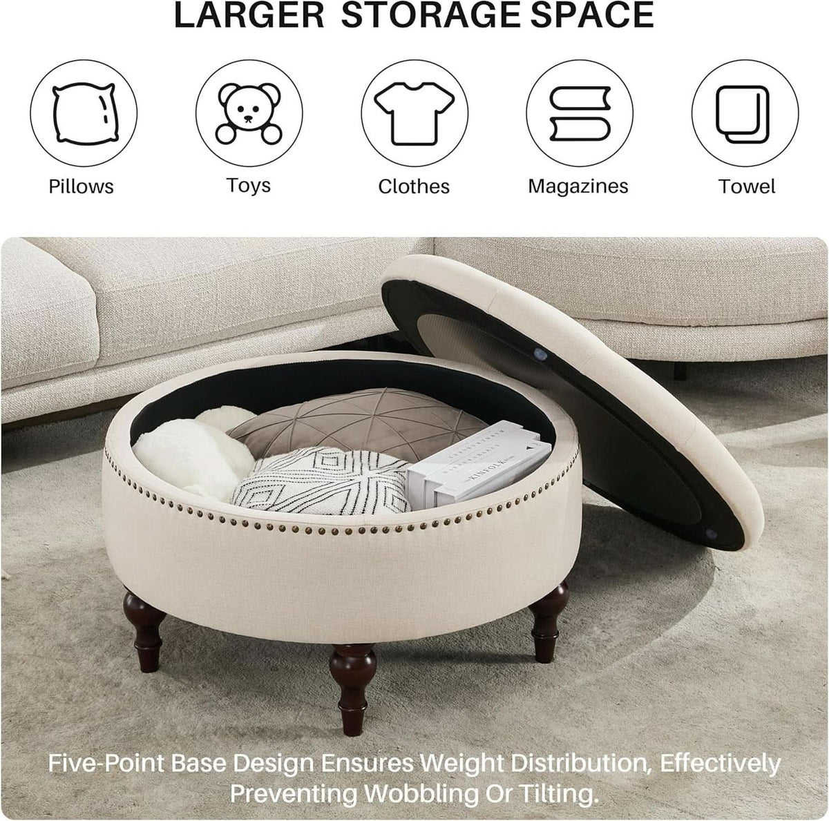 Large 31.5 Inches Round Storage Ottoman LinenBeige