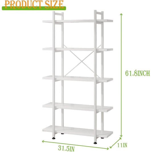 White 5 Tier Wooden Bookcase Tall Storage Organizer