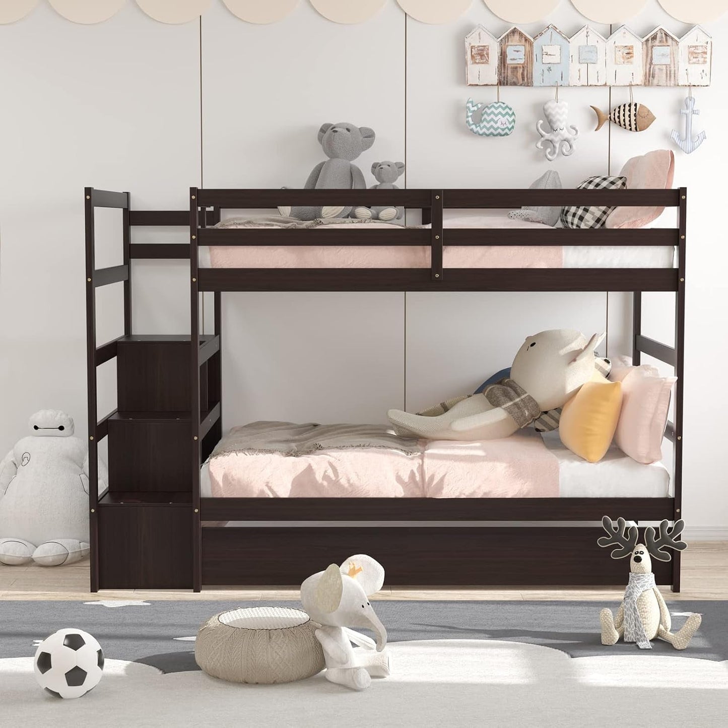 Espresso Solid wood Twin Bunk Bed With Trundle Storage