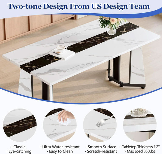 Dining Table Set For Six Seventy One Inch White Marble Top Leather Chairs