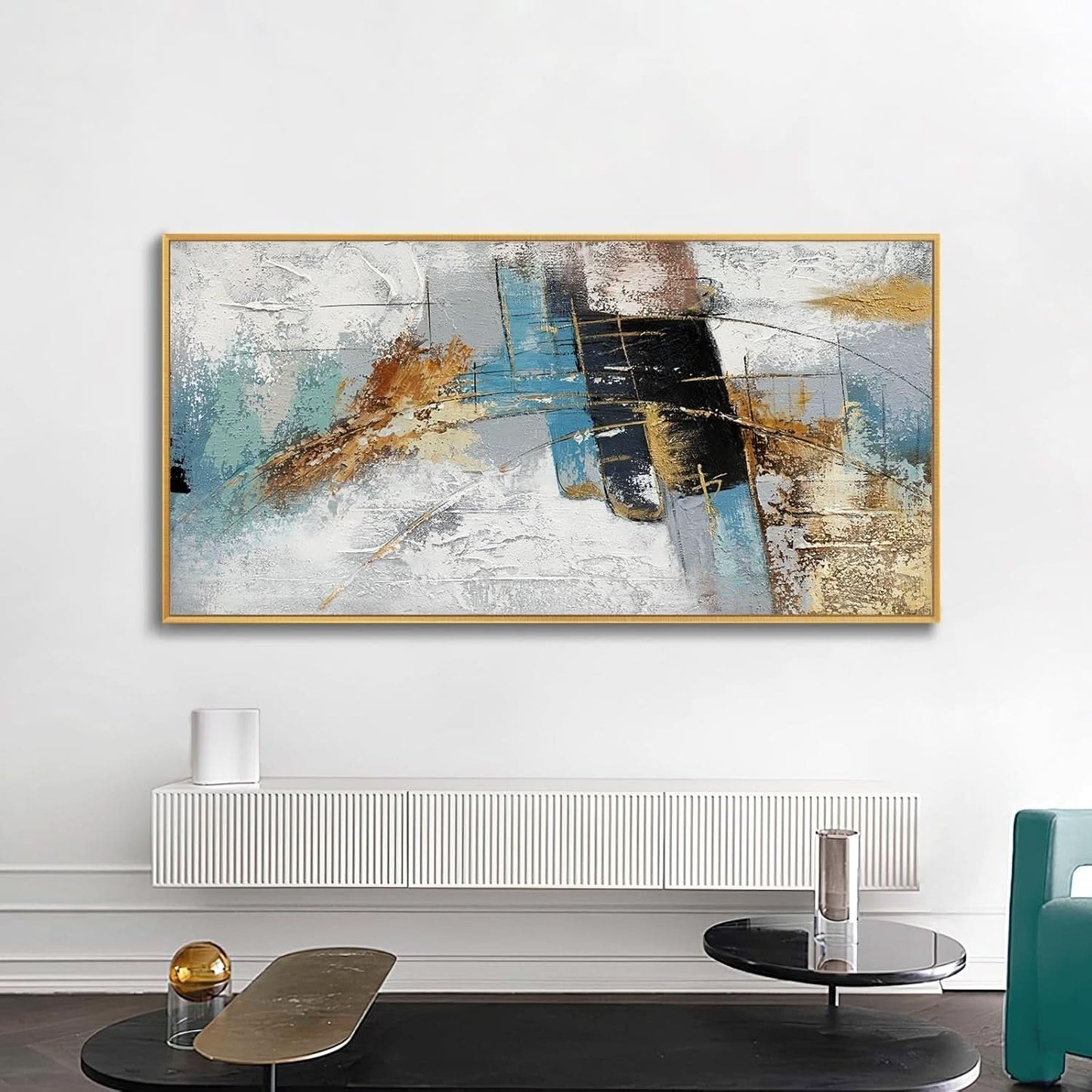 Framed Abstract Oil Painting 60x30 Inch Textured Blue