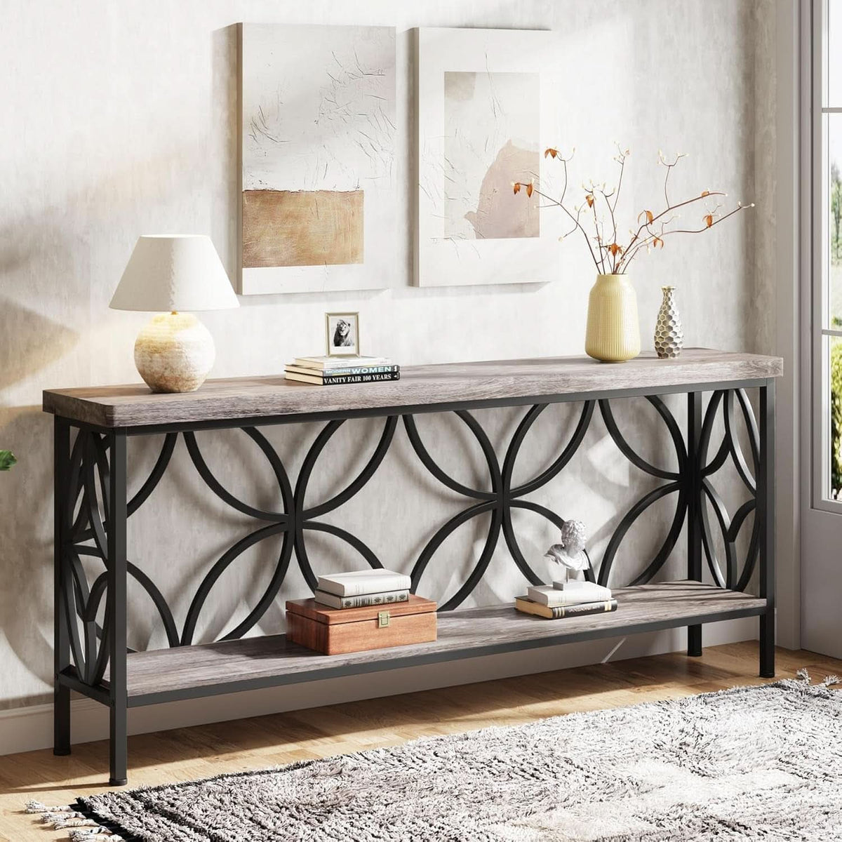 70.9 Inches Industrial Grade Sofa Table With Shelving