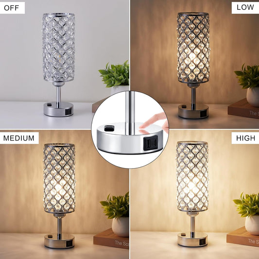 Crystal Diamond Nightstand Lamps Set Silvery Finish