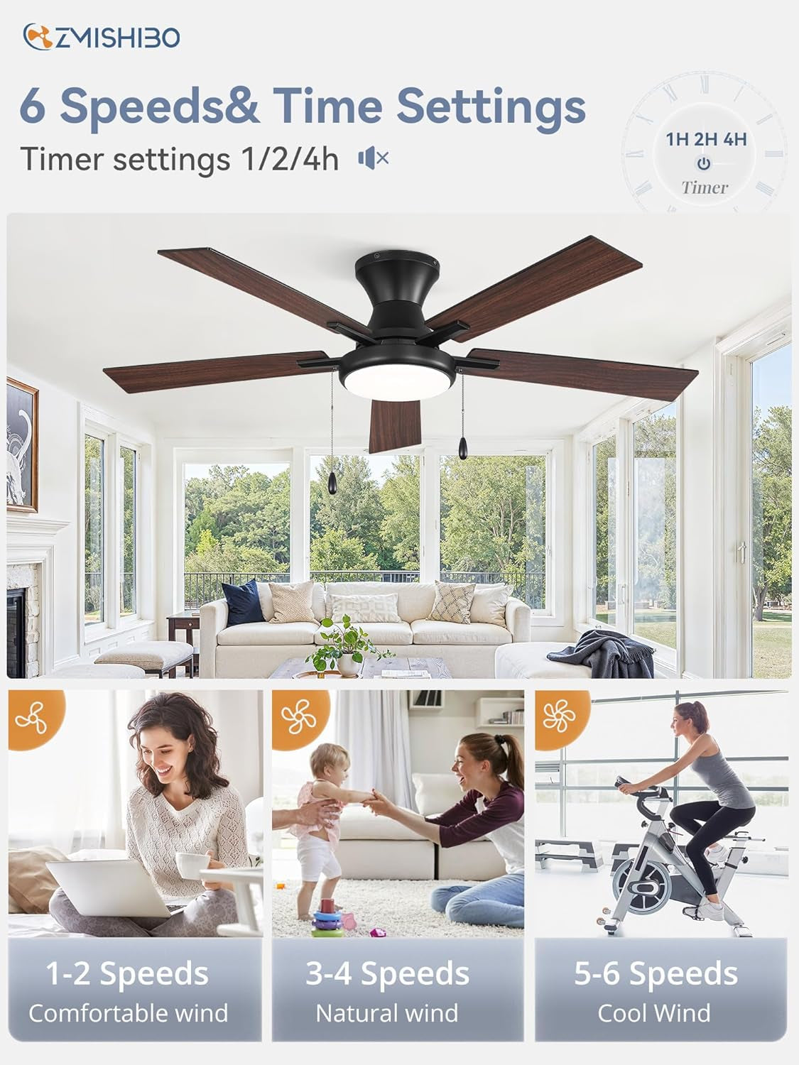 Fifty Two Inch Black UltraQuiet Ceiling Fan Dimmable Lights