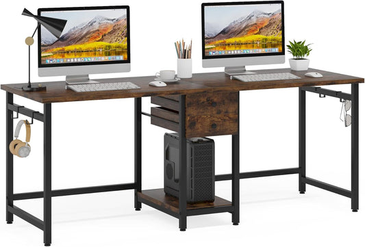 79Inch RusticBrown Double Desk With Storage Drawer