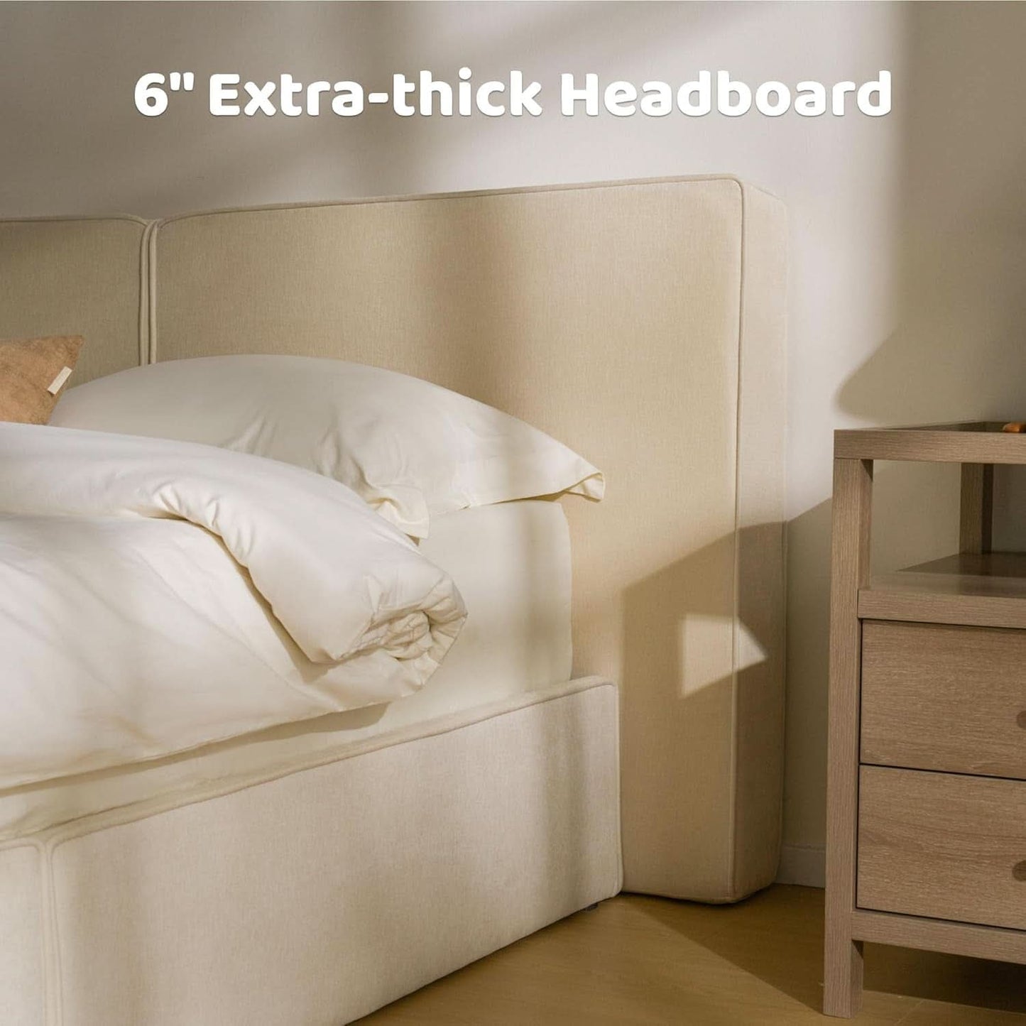 Queen Beige Platform Bed Frame Noisefree Headboard