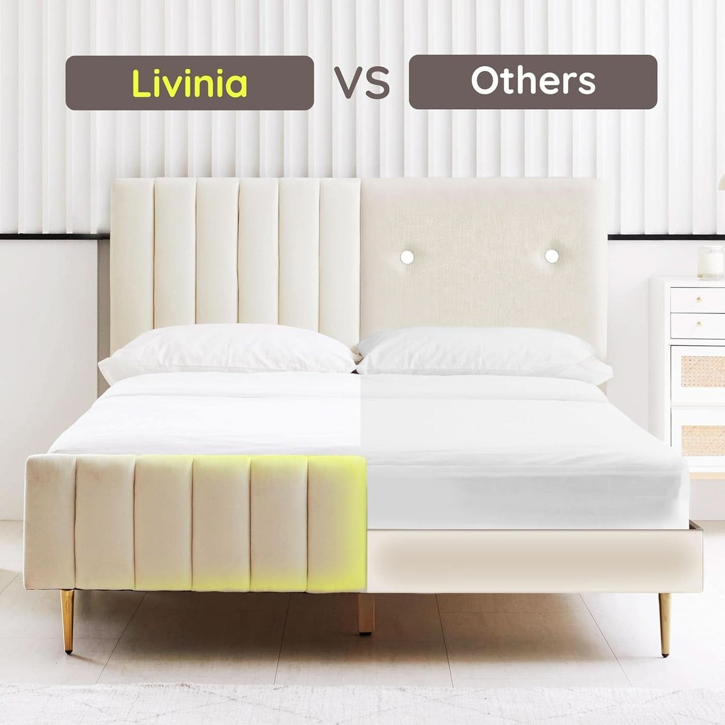 Queen Size Velvet Platform Bed With Ivory Upholstered Head board