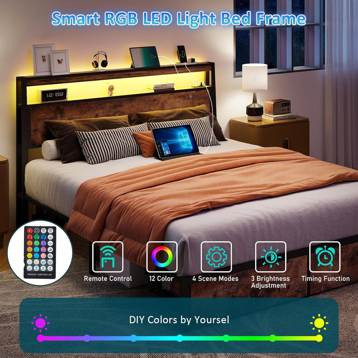 Full Size Bed Frame With Storage Drawers Charging Station
