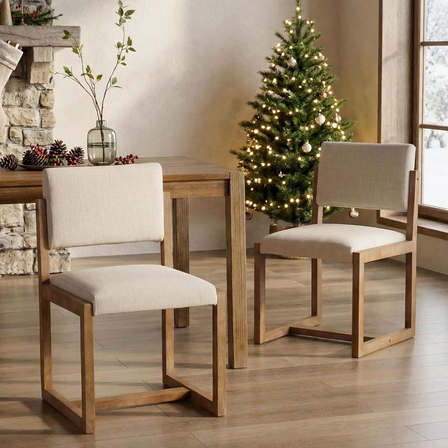 Beige Linen Upholstered Dining Chairs Midcentury Pair