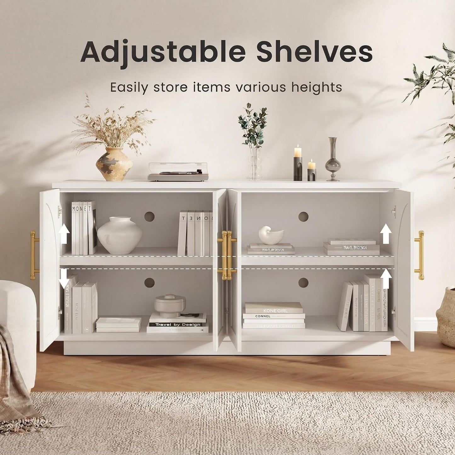 59-Inch Arched Buffet Cabinet Beige Finish With Adjustable Shelves