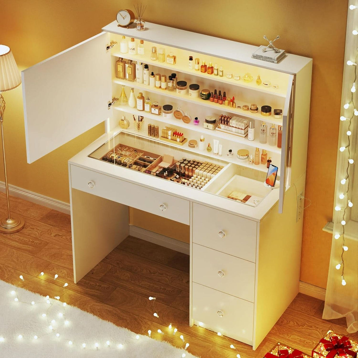 White Makeup Vanity Desk With Precise Tempered Glass Top