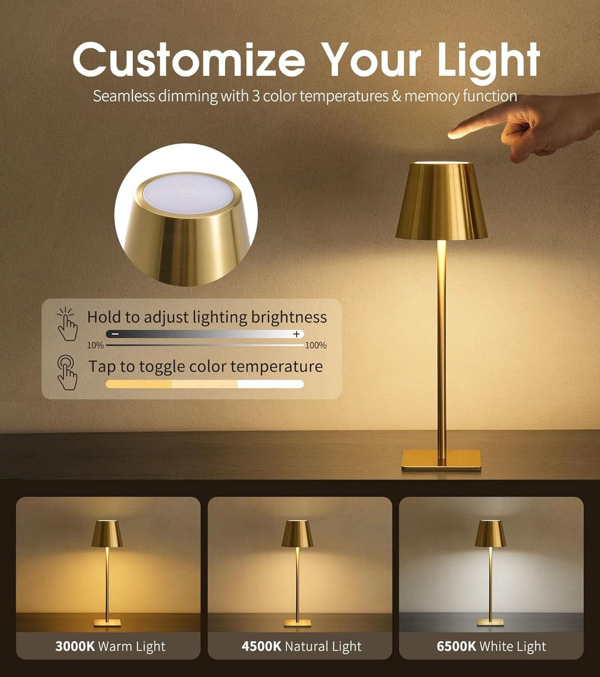 Rechargeable Cordless Table Lamp With Color Temperatures