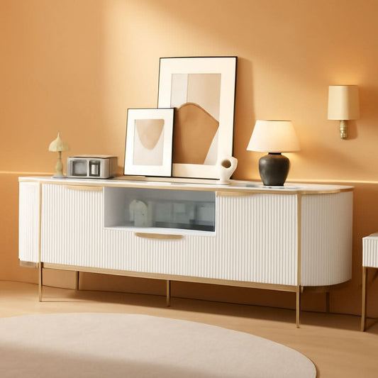 Elegant White Fluted Seventy Inch TV Stand Storage Solutions