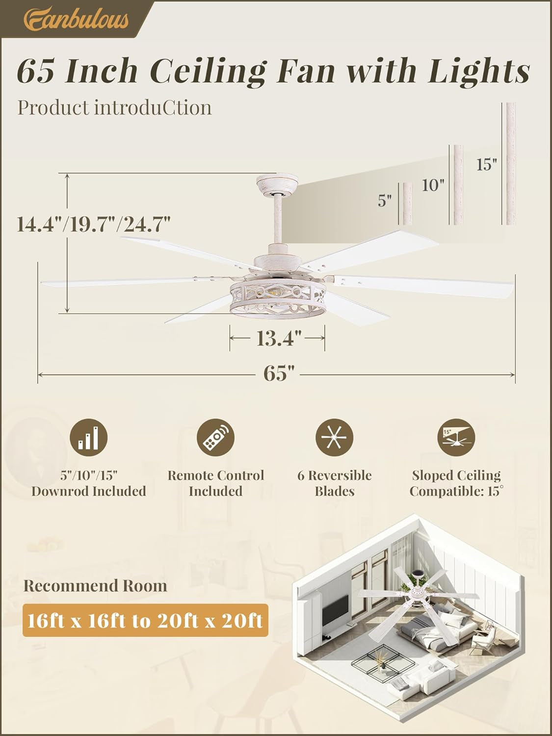 65 Inch White Caged Ceiling Fan With Remote