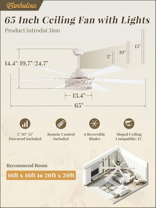 65 Inch White Caged Ceiling Fan With Remote