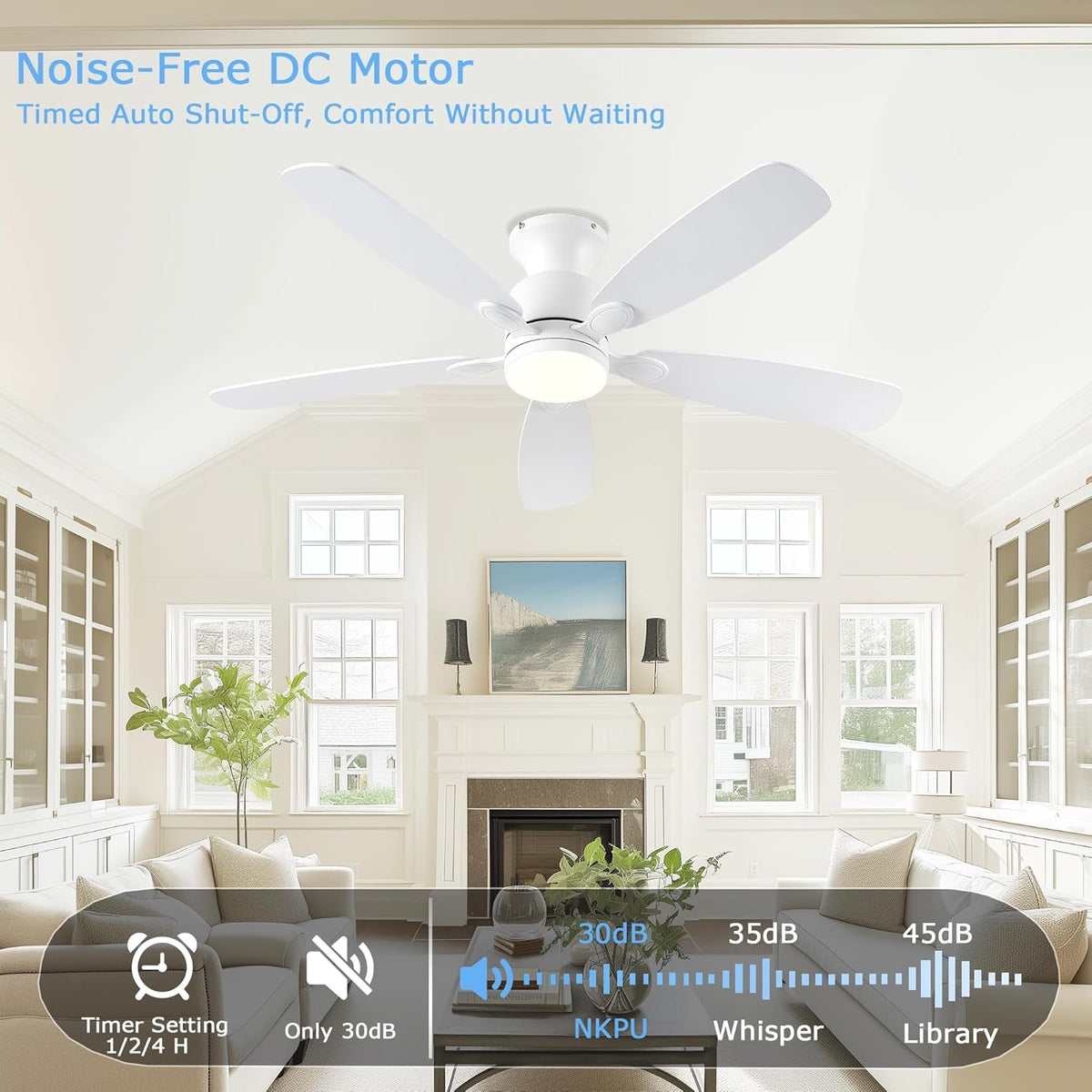 52Inch Brilliant White Ceiling Fan With LED Integrated Light