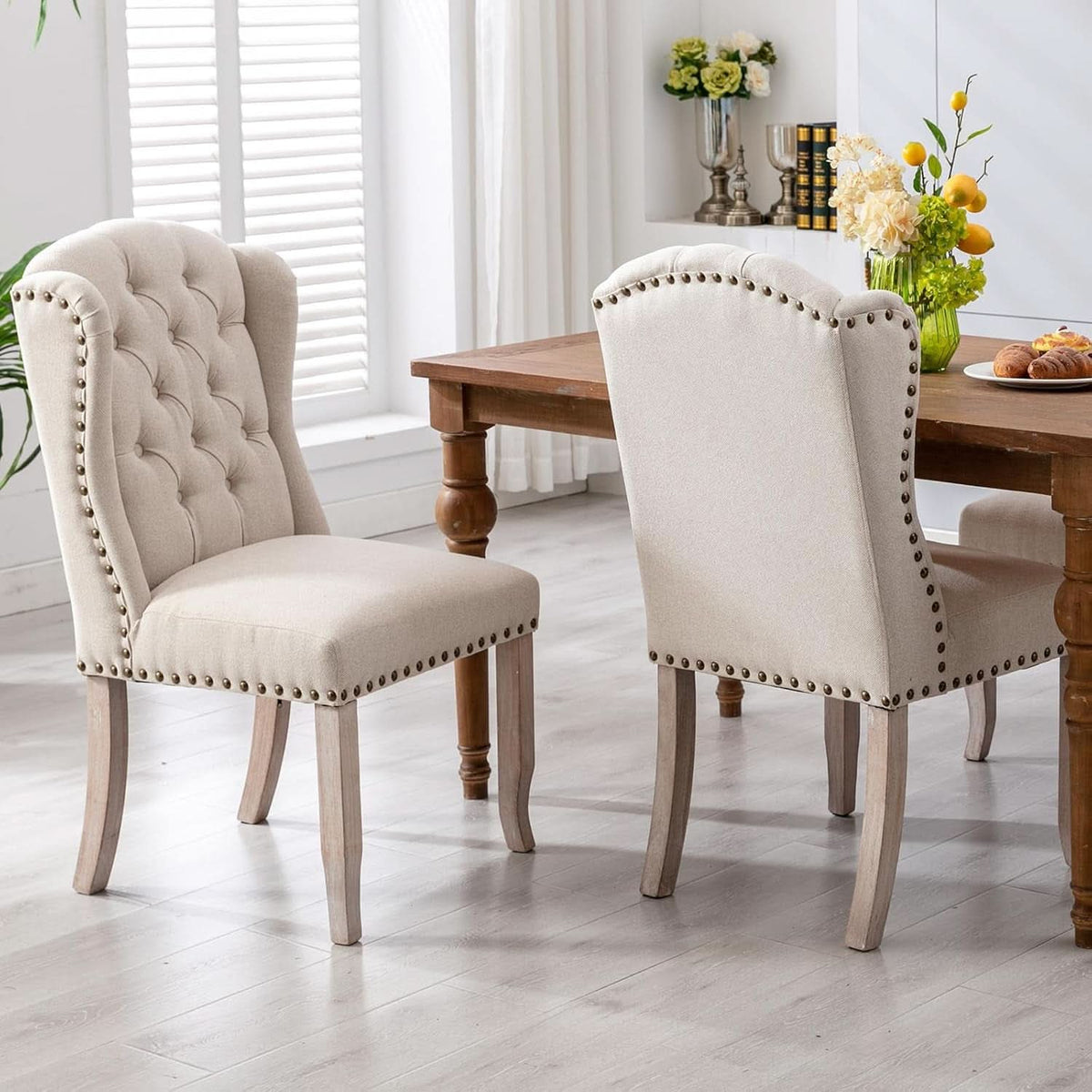 Beige Linen Tufted Wingback Upholstered Dining Chairs