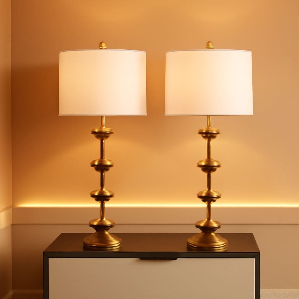 Antique Gold Leaf 32-Inch Table Lamps with White Drum Shade, Set of 2