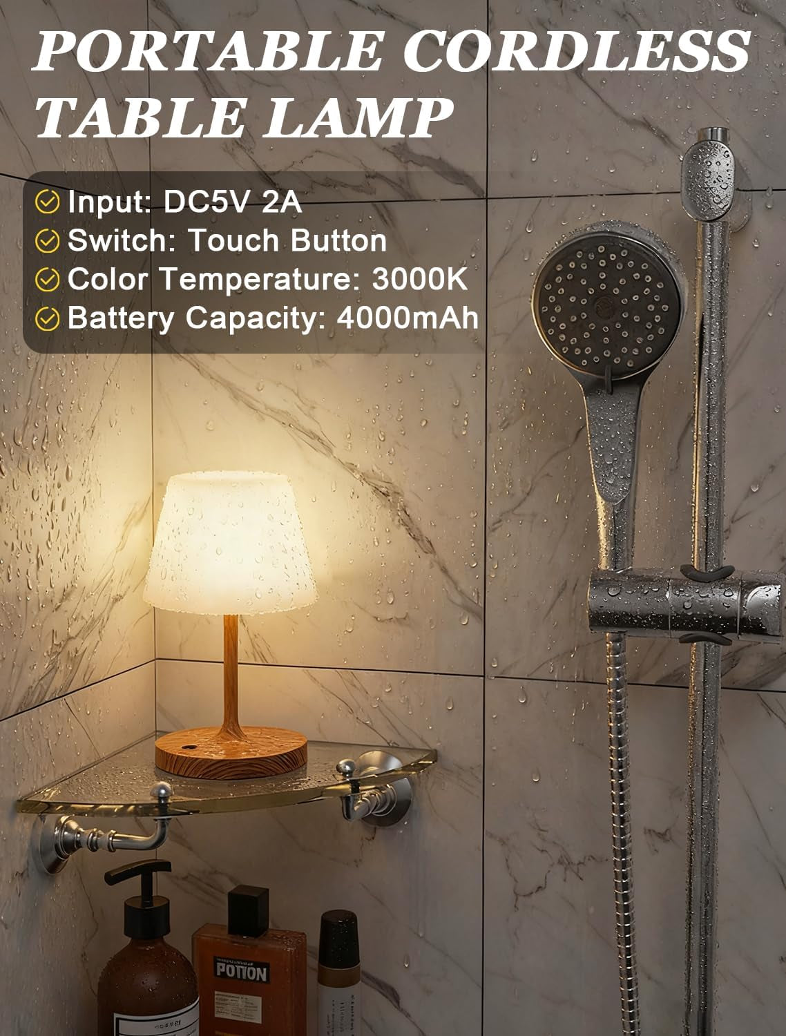 Cordless Rechargeable Outdoor Shower Lamp IP54 Waterproof