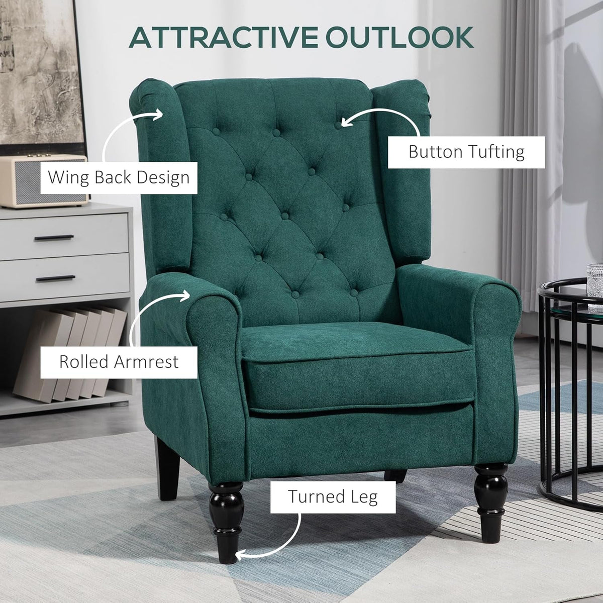 Dark Green Wingback Accent Chair Tufted Upholstery