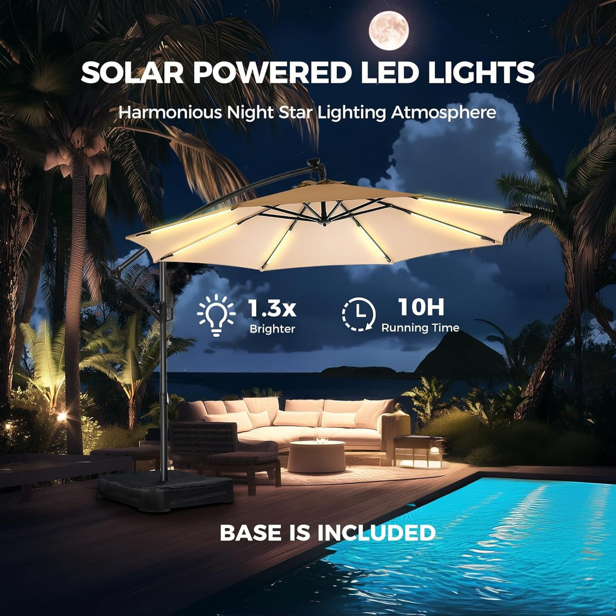 10Ft Offset Patio Umbrella Weatherproof LED Lights