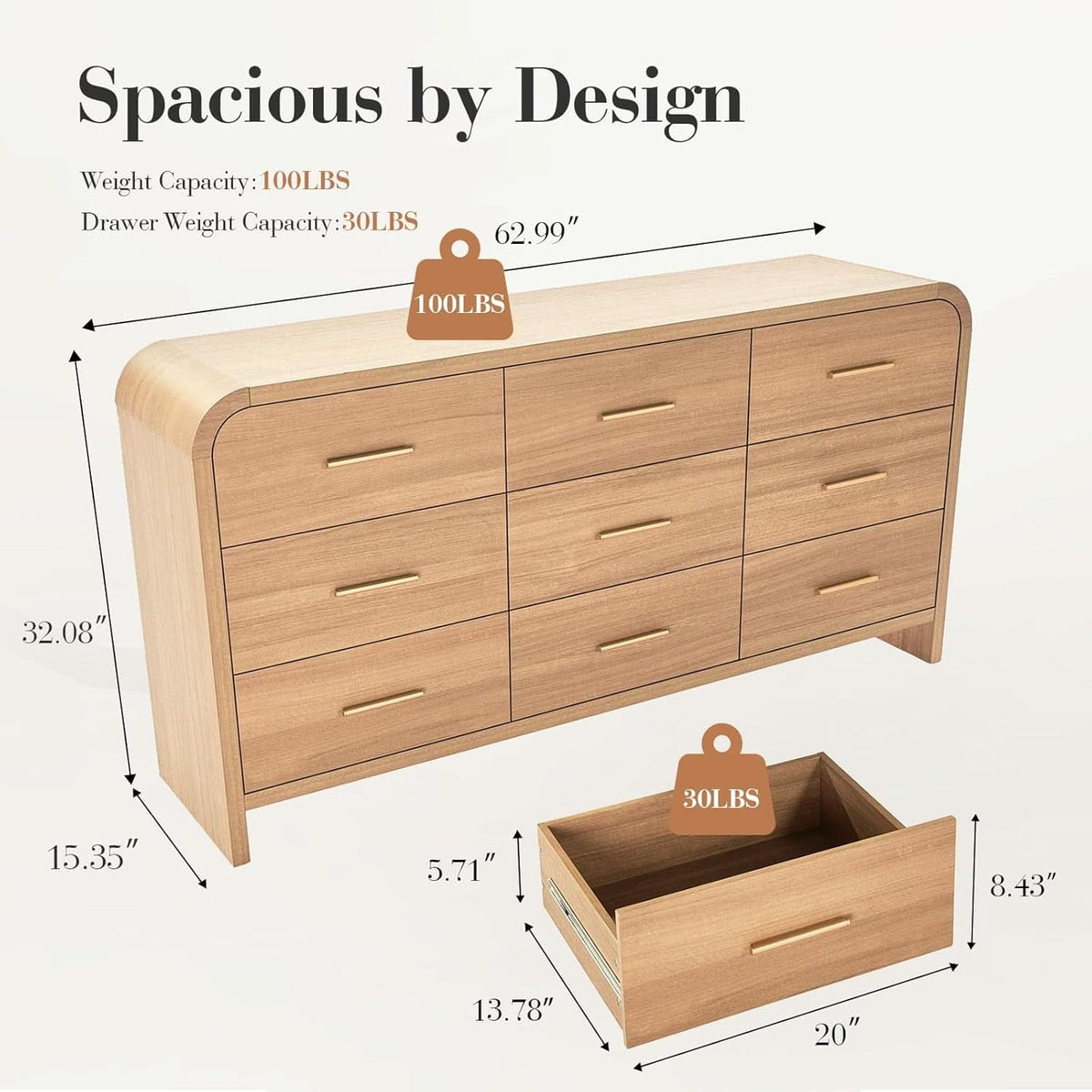 SolidOak Curved Nine Drawer Dresser SixtyThreeInches