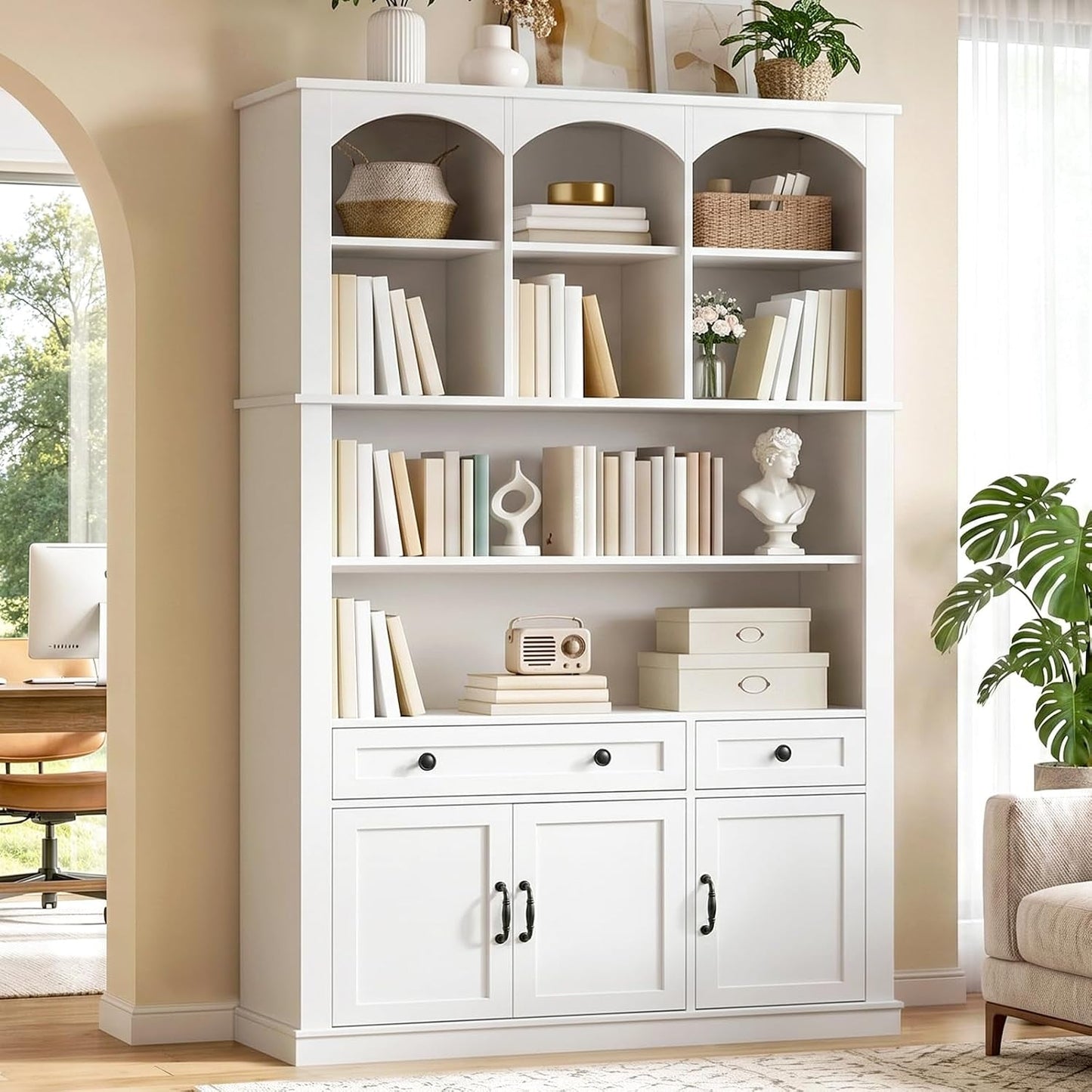 White Farmhouse Arched Bookcase Featuring Large Drawer
