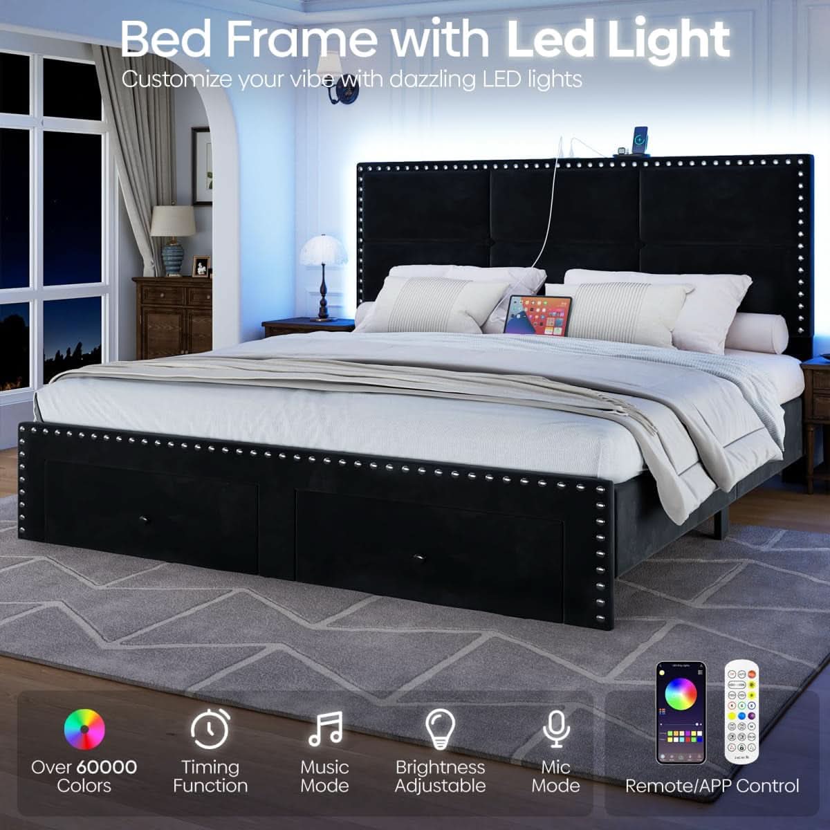 Queen Platform Bed Frame With Integrated Drawers USB Charge