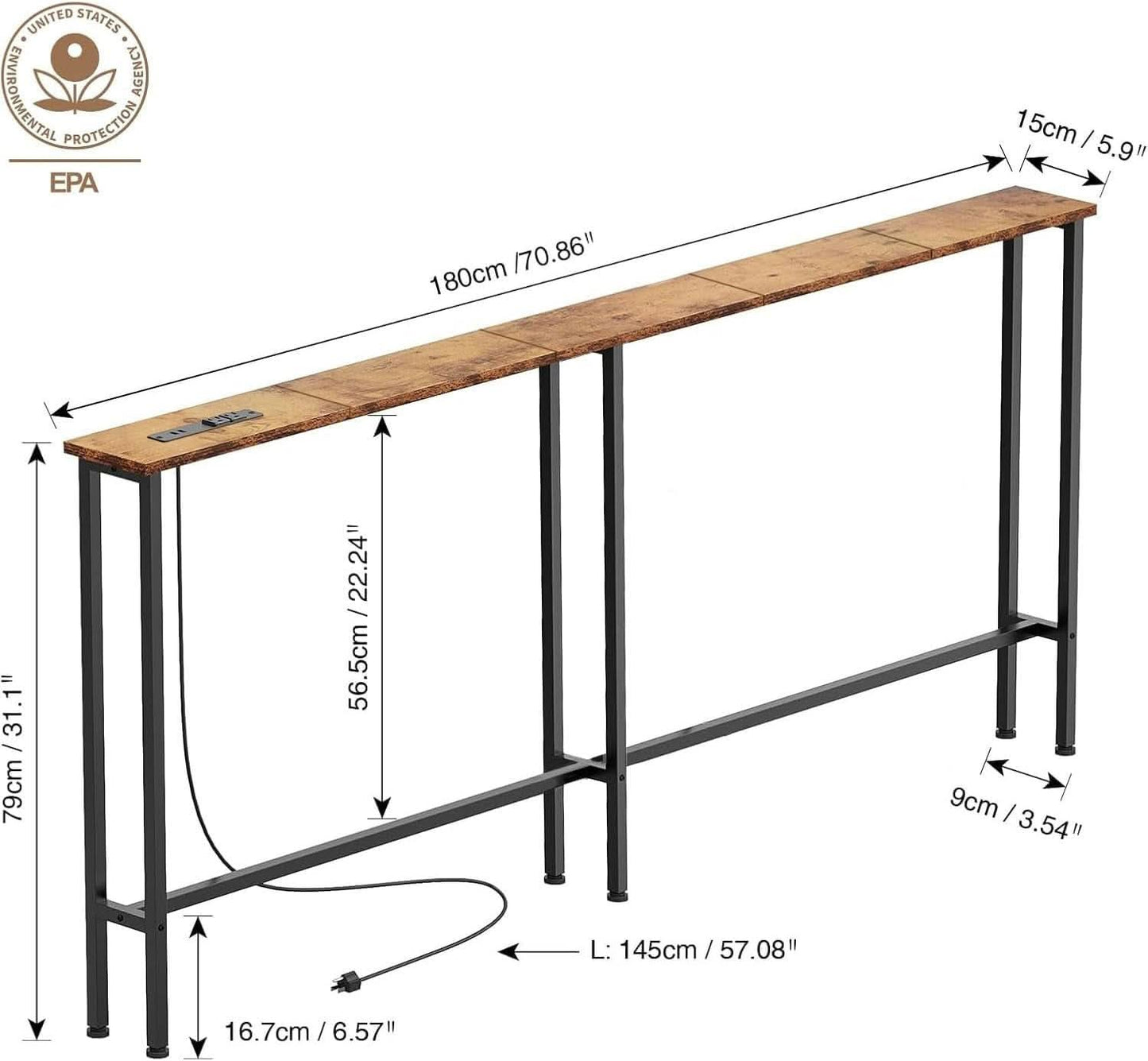 Seventy Inch Rustic Brown Console Sofa Table USB Ports