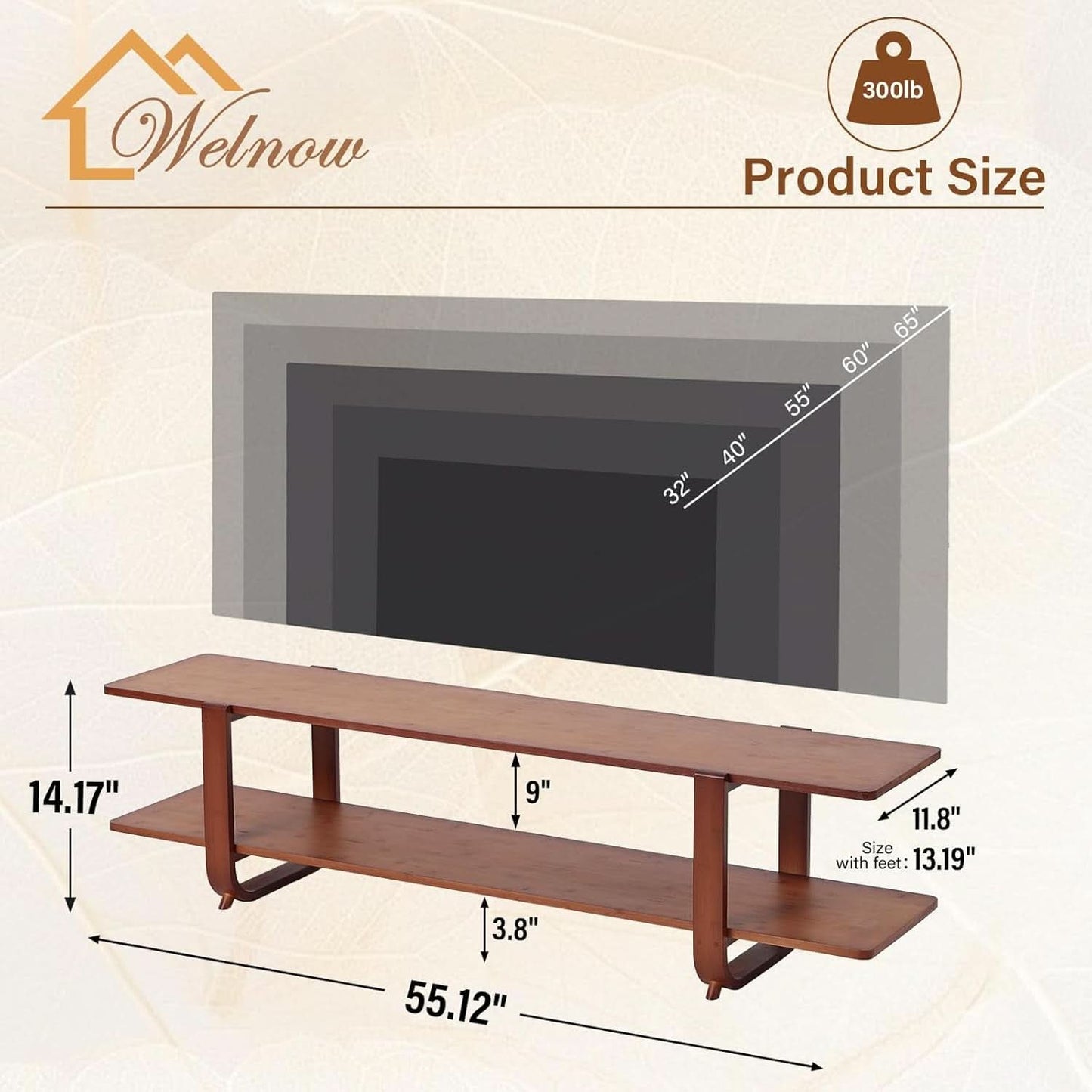 Bamboo TV Stand 65 Inch Walnut Stain Durable Console