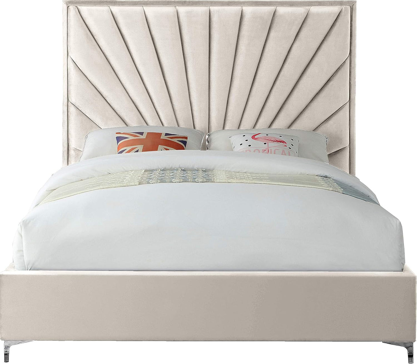 Cream Velvet Queen Platform Bed Upholstered Tufted