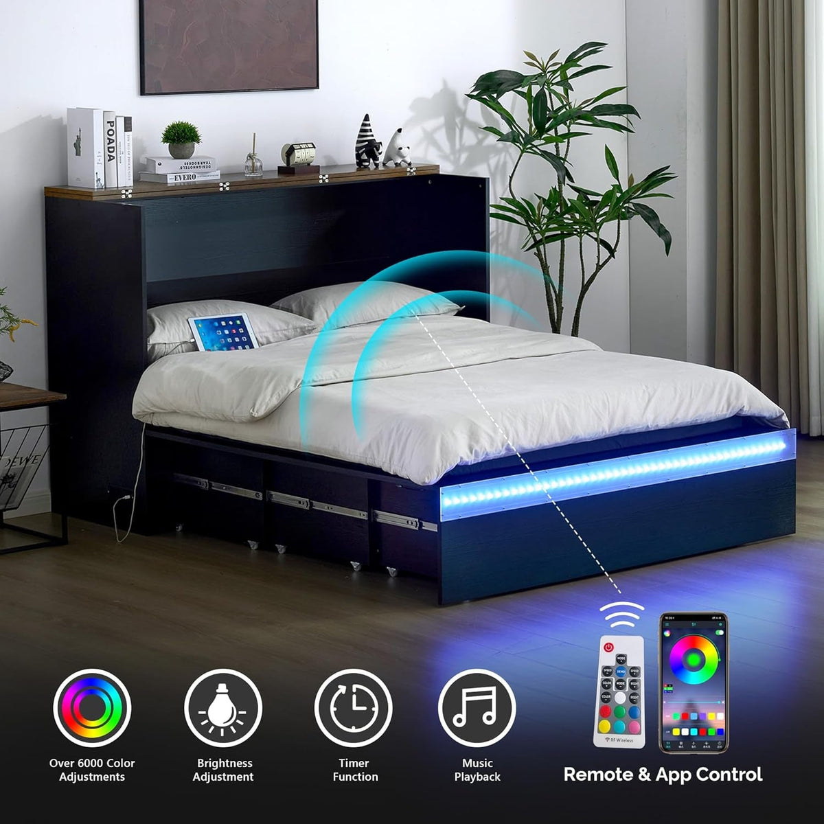 Queen Murphy Bed With Black Integrated Charging Stations Led Lighting