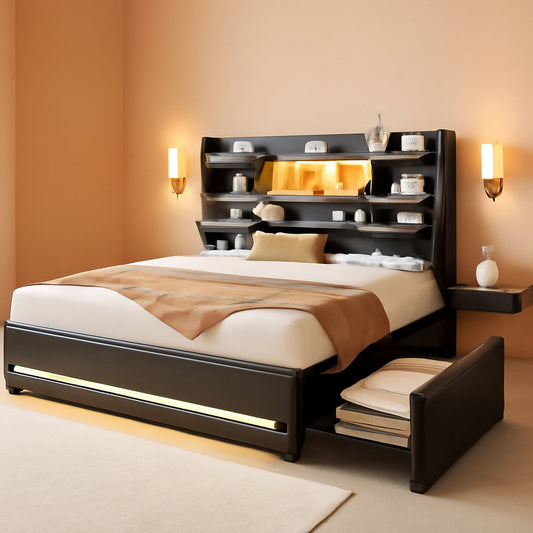Queen Luxurious Upholstered Bed Frame RGBLED Lighting-0