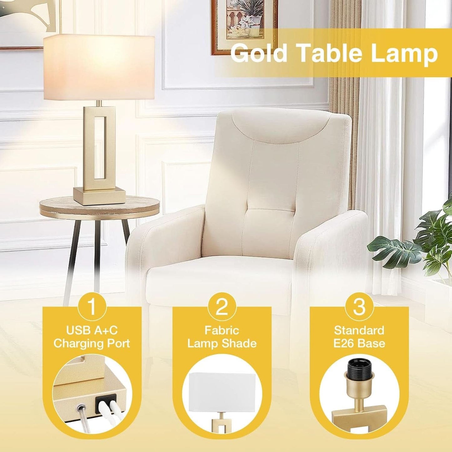 Lux urious Gold Table Lamps Fo rNight stand USBC Dimmable