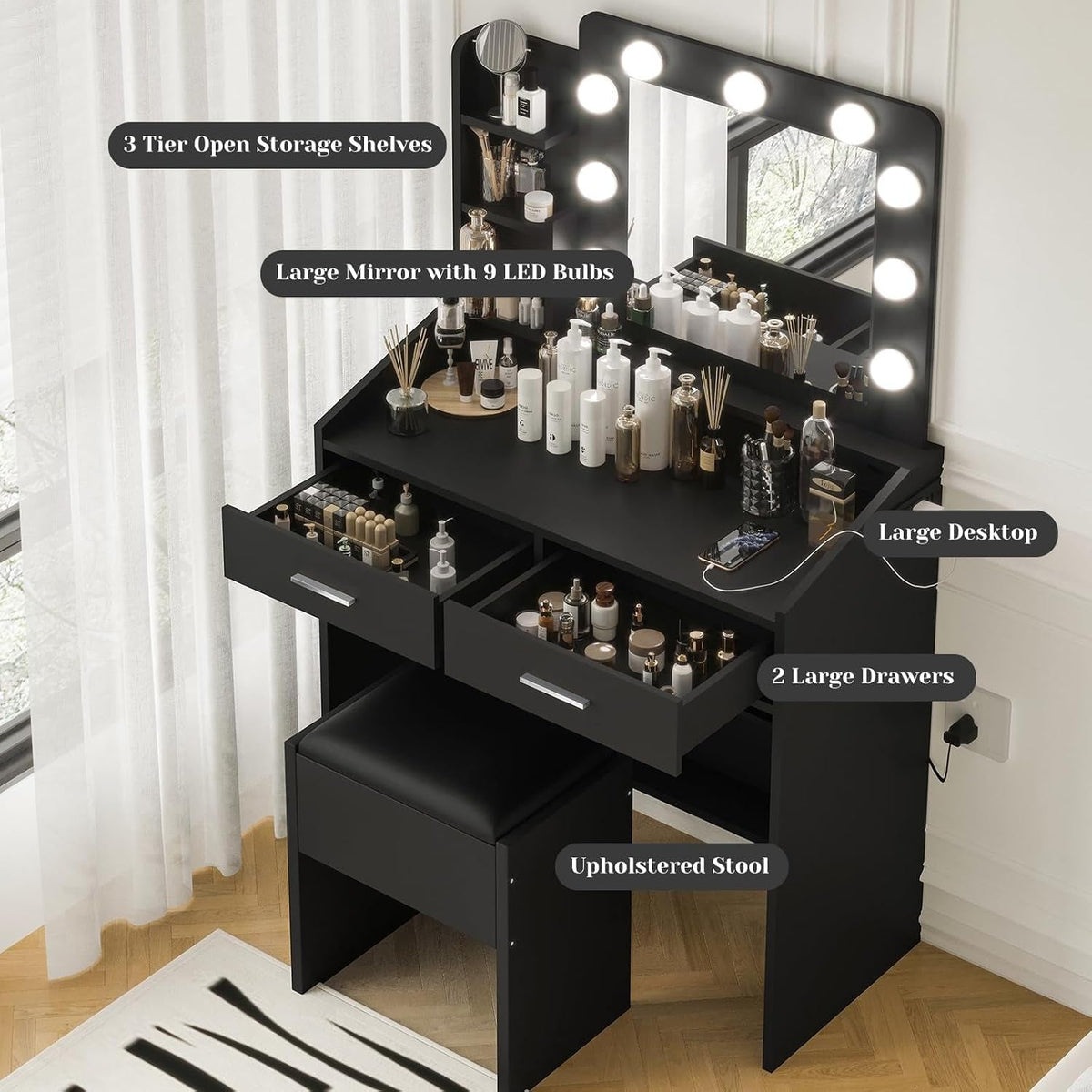 Black Vanity Table Set With Illuminated Dimmable LED