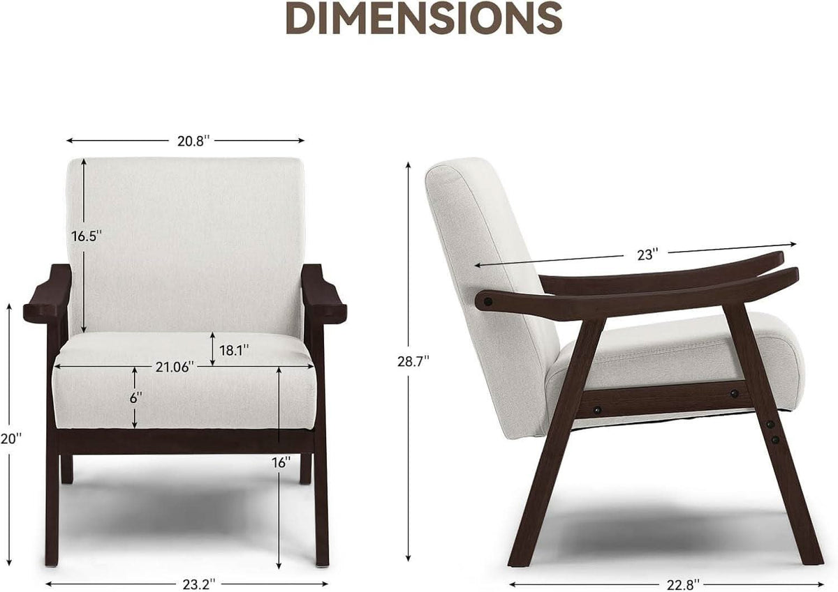 Beige Upholstered Modern Midcentury Solid Wood Armchair With Cushions