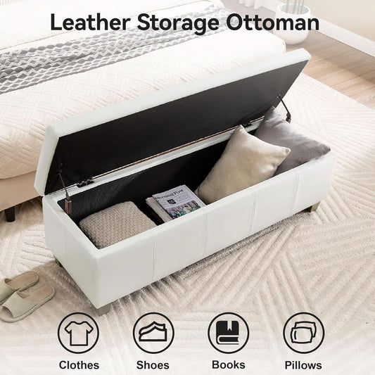 41-Inch White Faux Leather Storage Ottoman End-Of-Bed