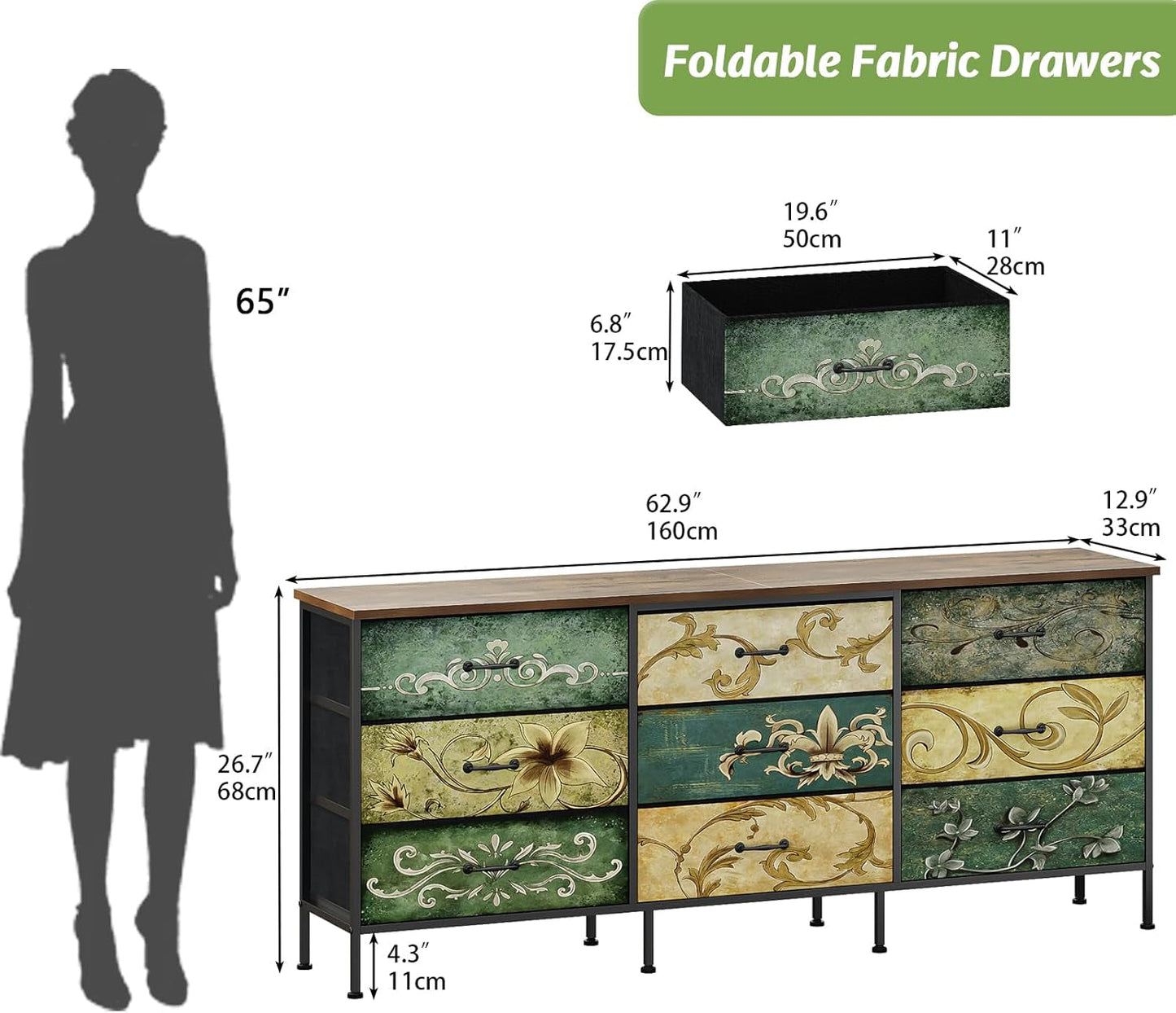 Oversize Nine Drawer Fabric Dresser Floral Pattern