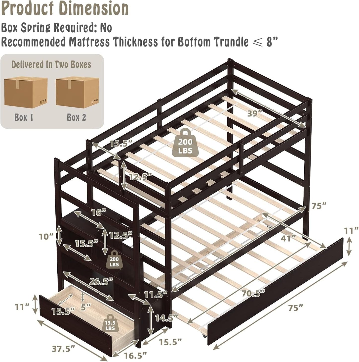 Espresso Solid wood Twin Bunk Bed With Trundle Storage