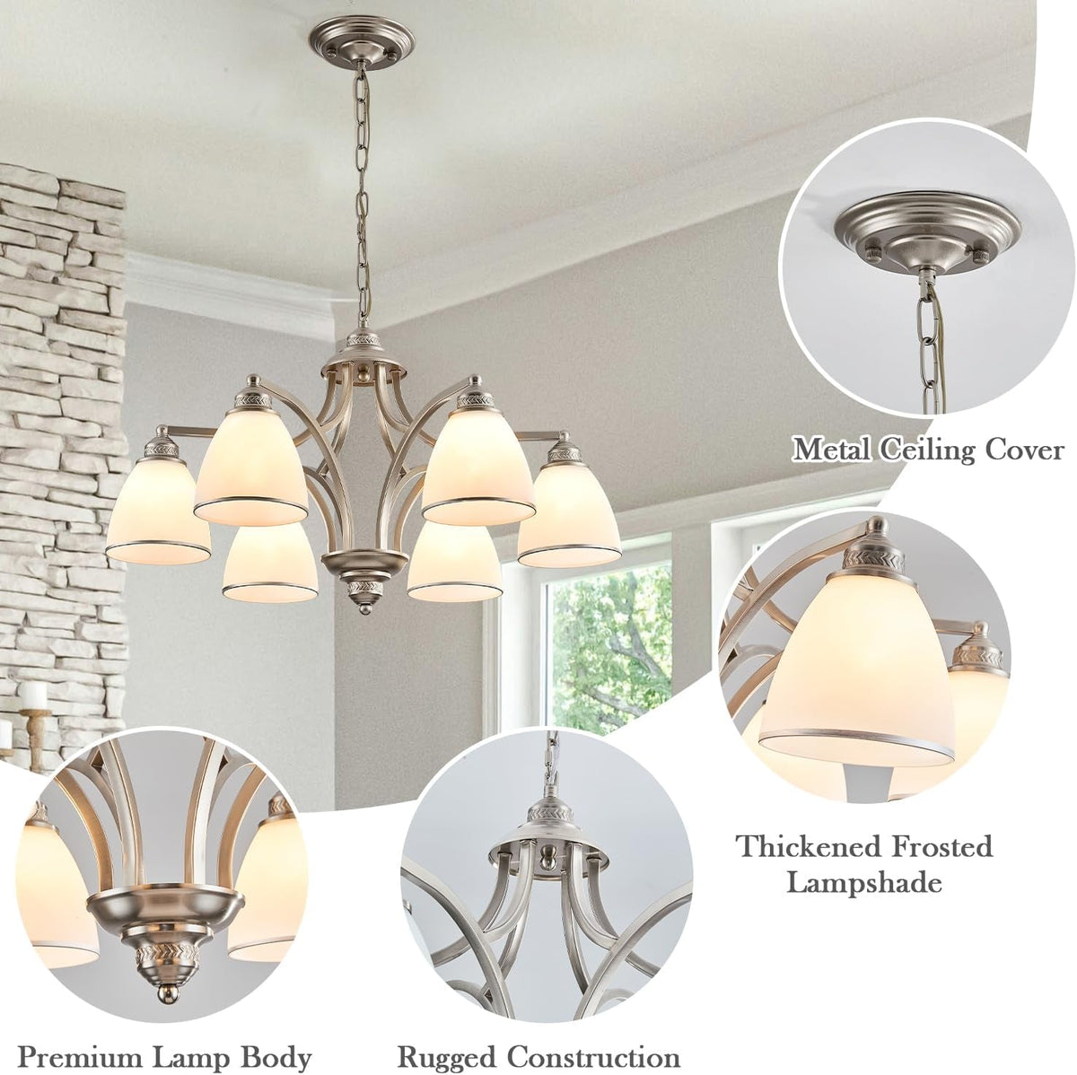 Brushed Nickel 6Light Farmhouse Chandelier Milk Glass-2