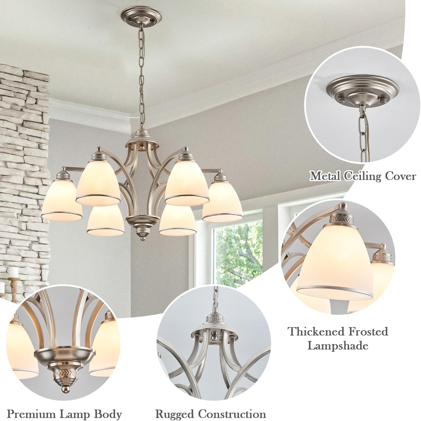 Brushed Nickel 6Light Farmhouse Chandelier Milk Glass-2