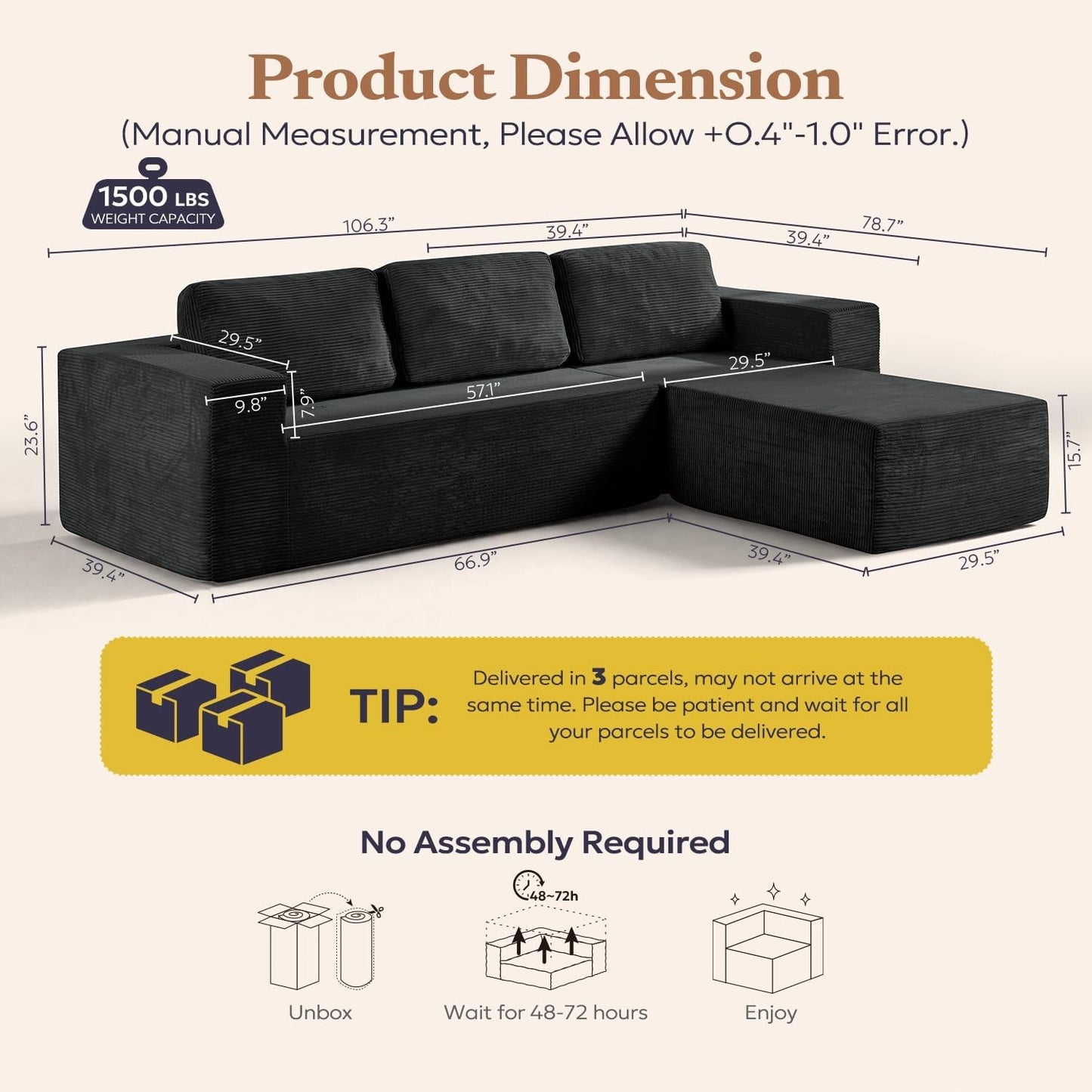 106Inch Black Convertible Corduroy Modular Sectional Sofa