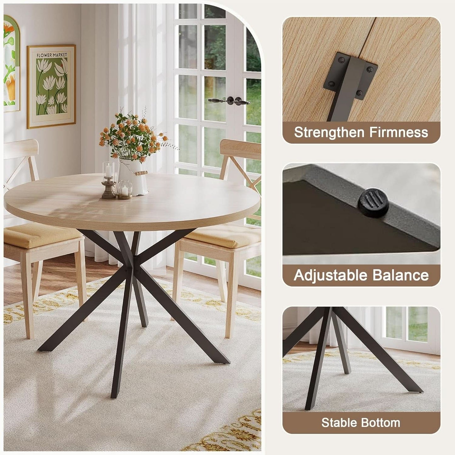 Round 47 Inch Circular Dining Table Natural Oak Finish