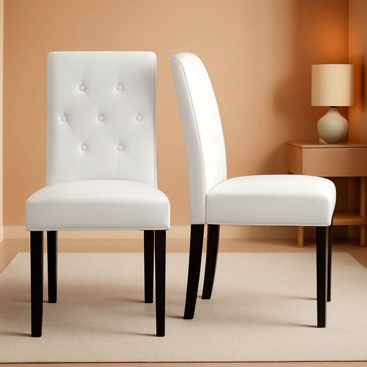 Tufted Leather Dining Chairs Set of 2 White Wood Legs