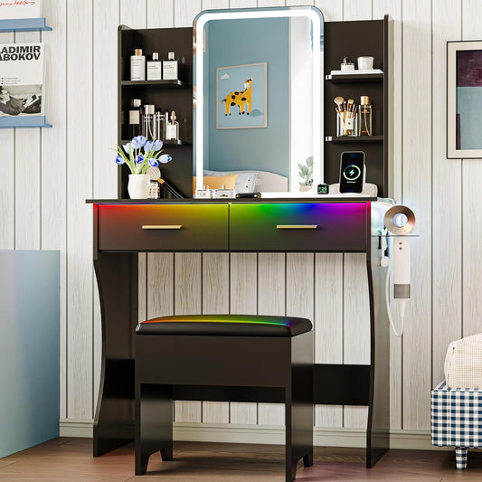 Contemporary Charcoal Vanity Desk With LED Lighting