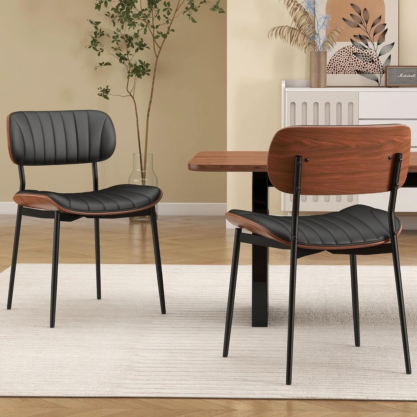 Upholstered Faux Leather Walnut Bentwood Dining Chairs