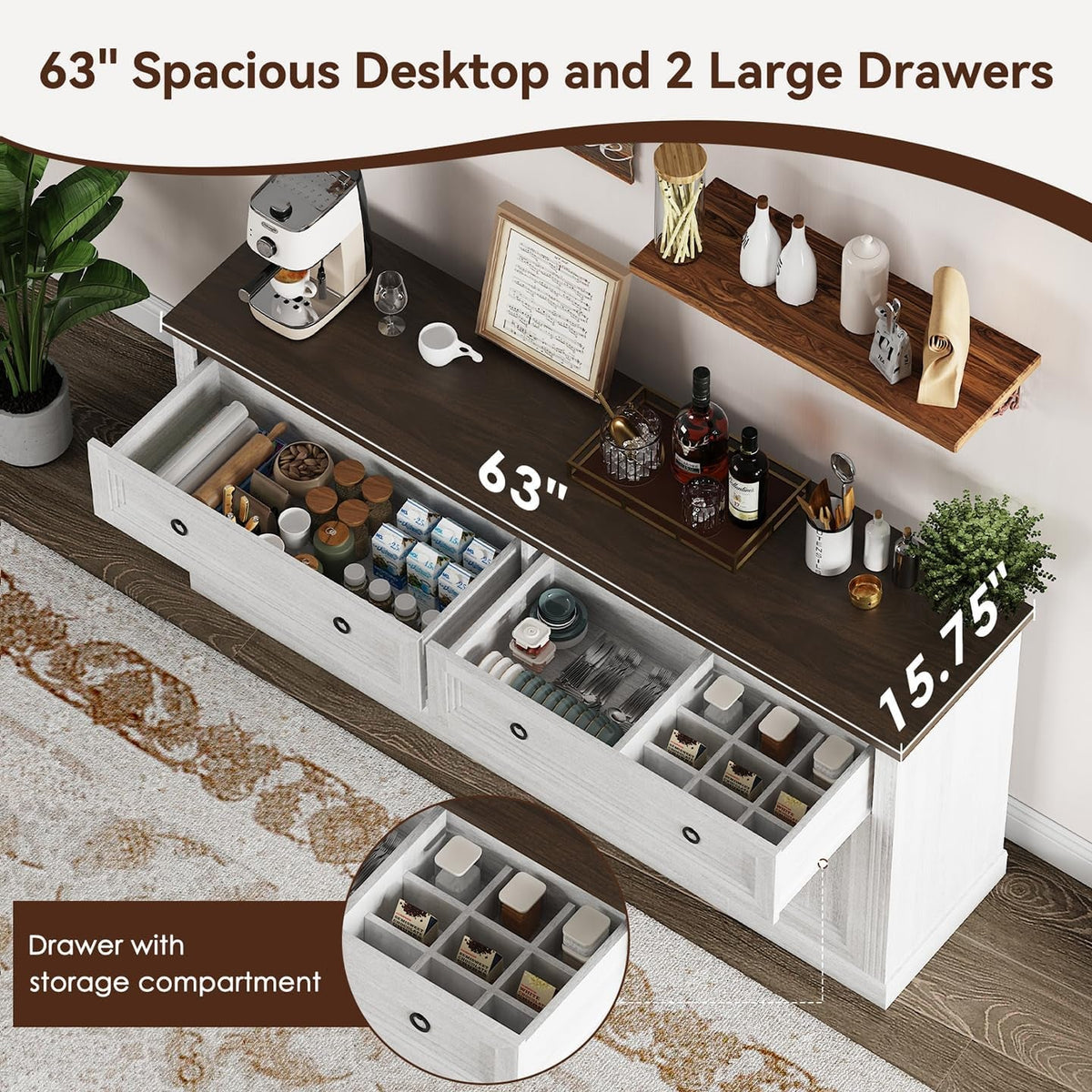 63 Inch Antique White Multipurpose Sideboard Buffet