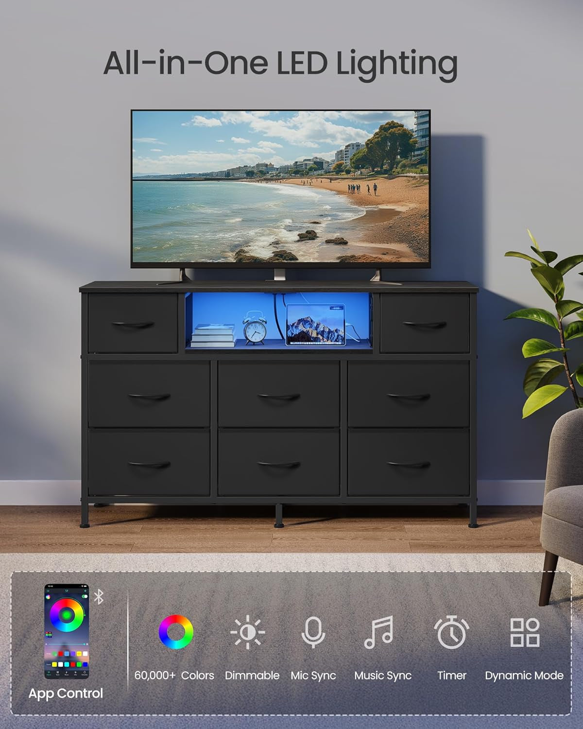Industrial Ebony Dresser With Integrated USB Outlets